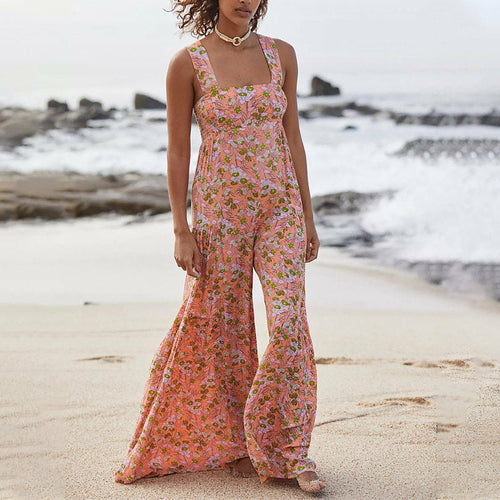 Summer Sexy Bohemian Playsuits Womens Floral Print Wide Leg Overalls