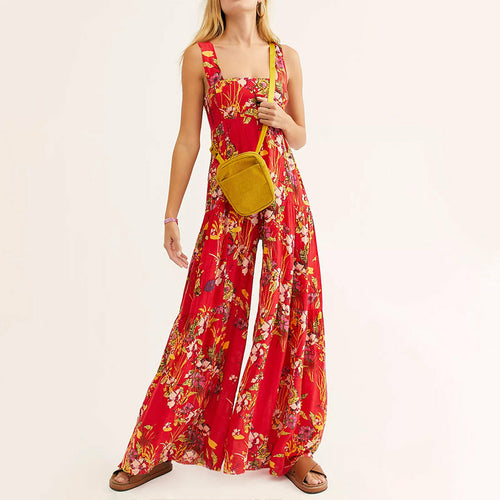 Summer Sexy Bohemian Playsuits Womens Floral Print Wide Leg Overalls