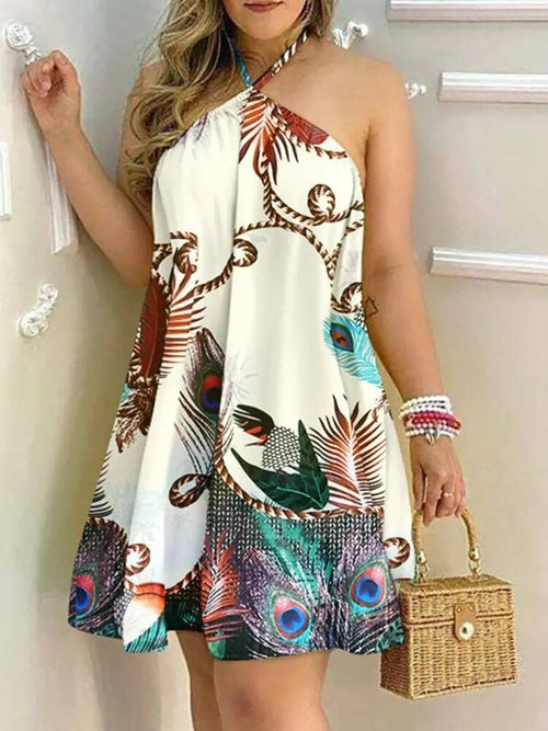 Palm Leaves print Neck dress, sexy Backless Summer Dress