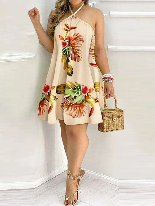 Palm Leaves print Neck dress, sexy Backless Summer Dress