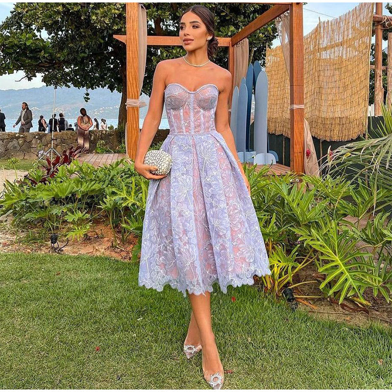 Sexy Strapless Printed Lace Party Dress
