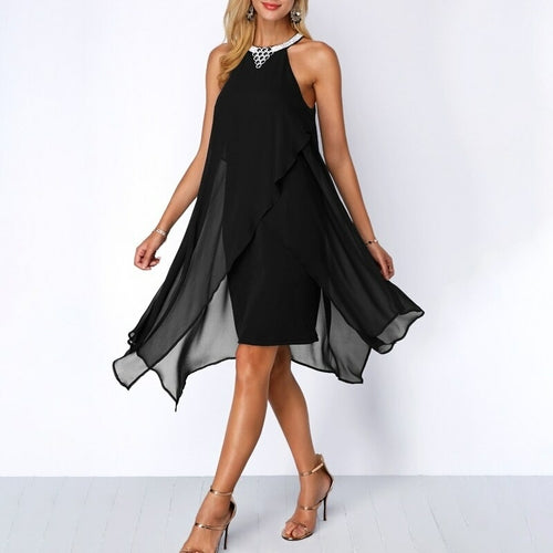 Chiffon Black Sleeveless Cocktail Dress Round Neck